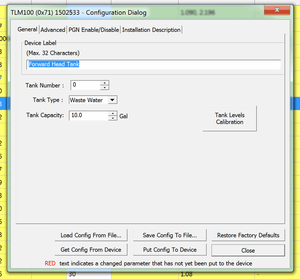 Standard tank settings including the #, type, and size.