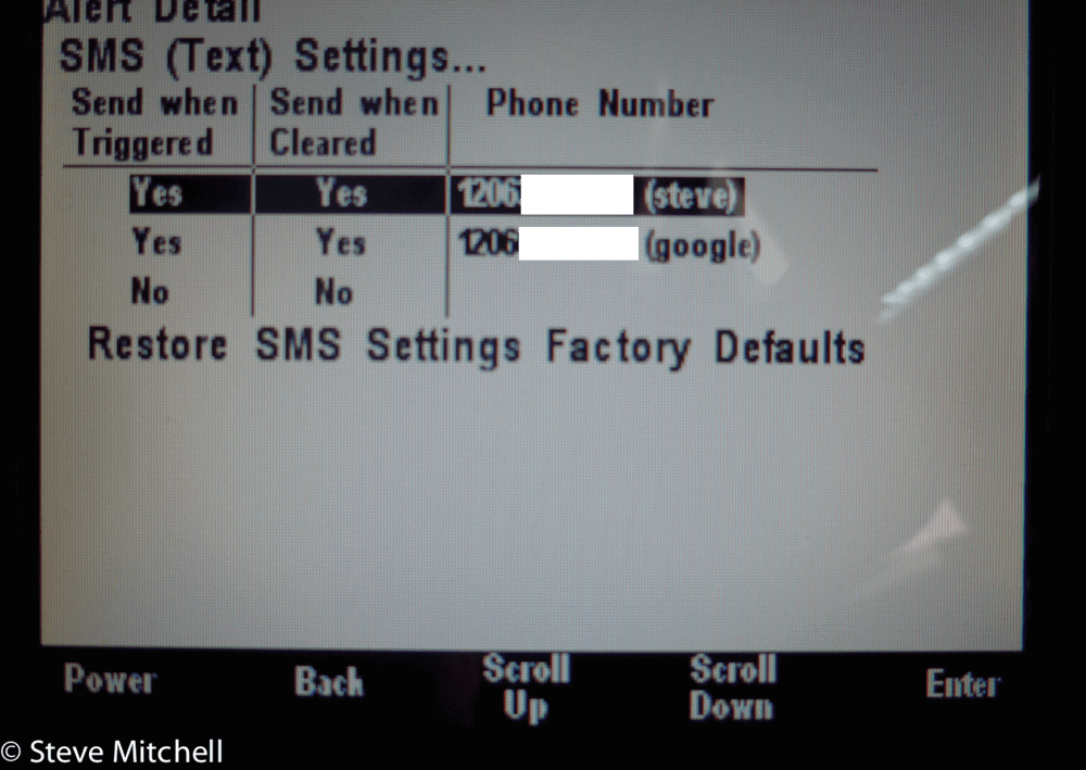 maretron sms settings screen