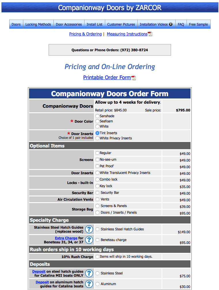 Zarcor companionway doors order form