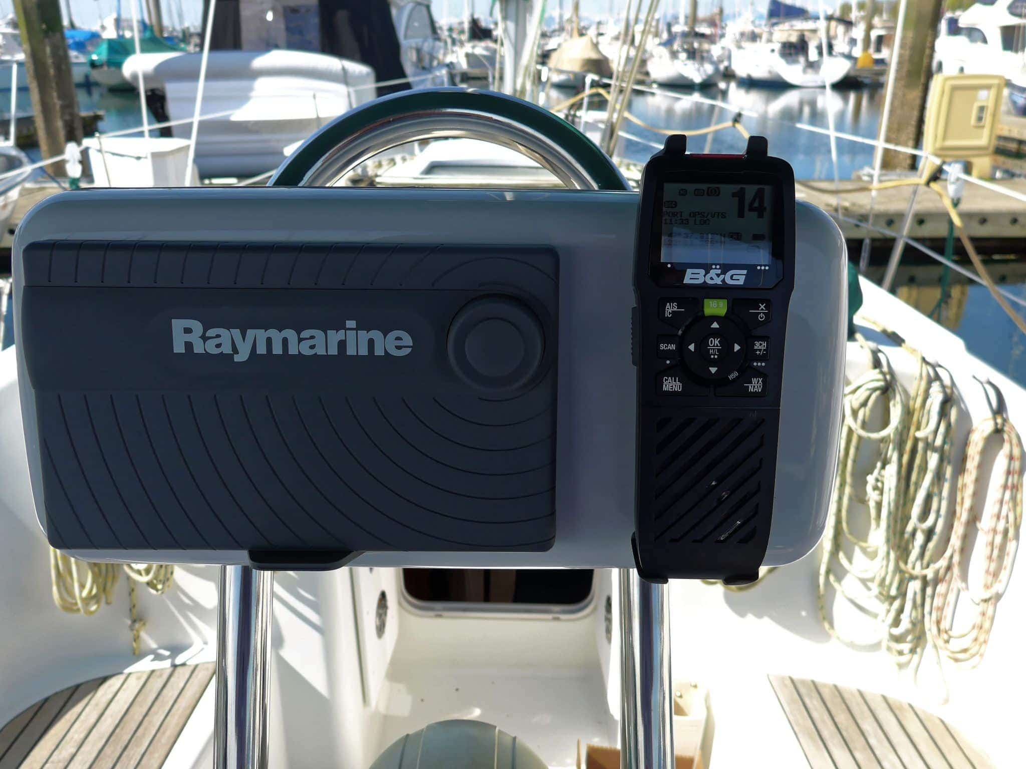 B&G H50 wireless VHF handset mounted on NavPod near Raymarine eS78