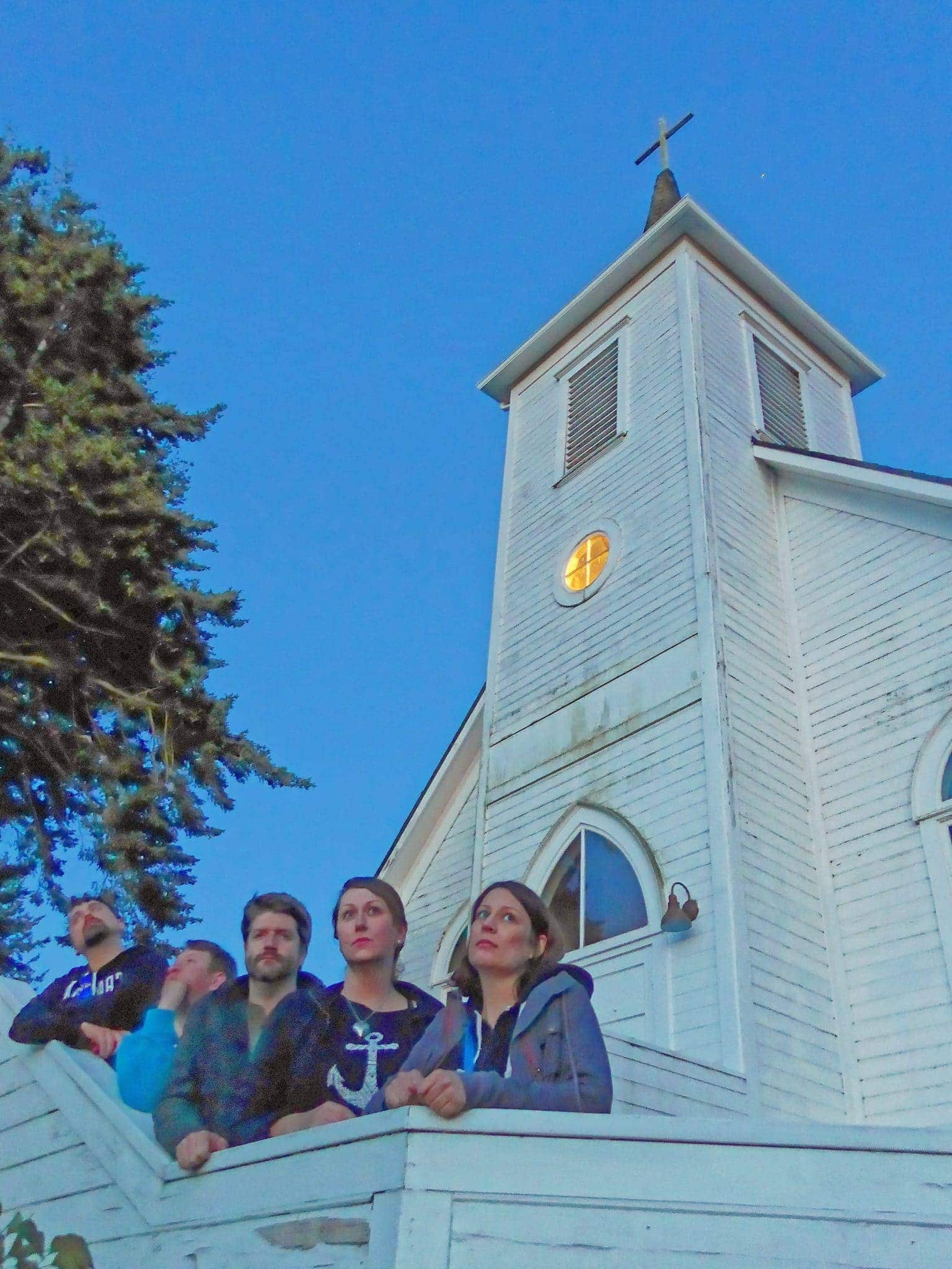 The gang posing for our 80's album cover in front of the Lummi Island Church