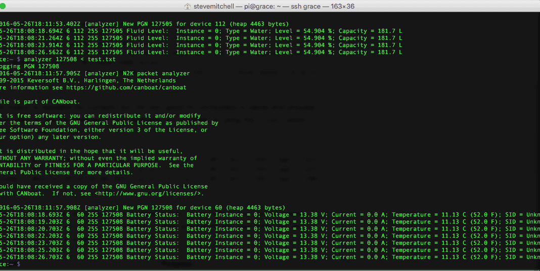 Analyzed output fAnalyzed output from the NMEA 2000 bus showing fresh water levels and battery voltages