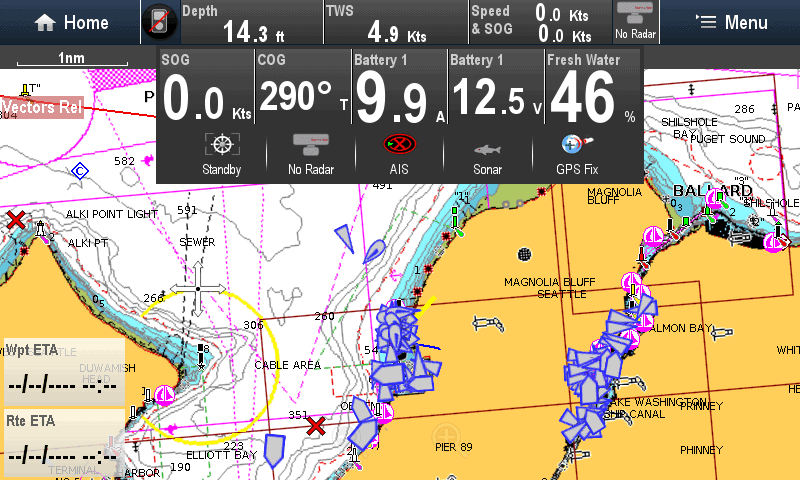 Raymarine chart pRaymarine chart plotter showing quick data panel overlay of water and battery details