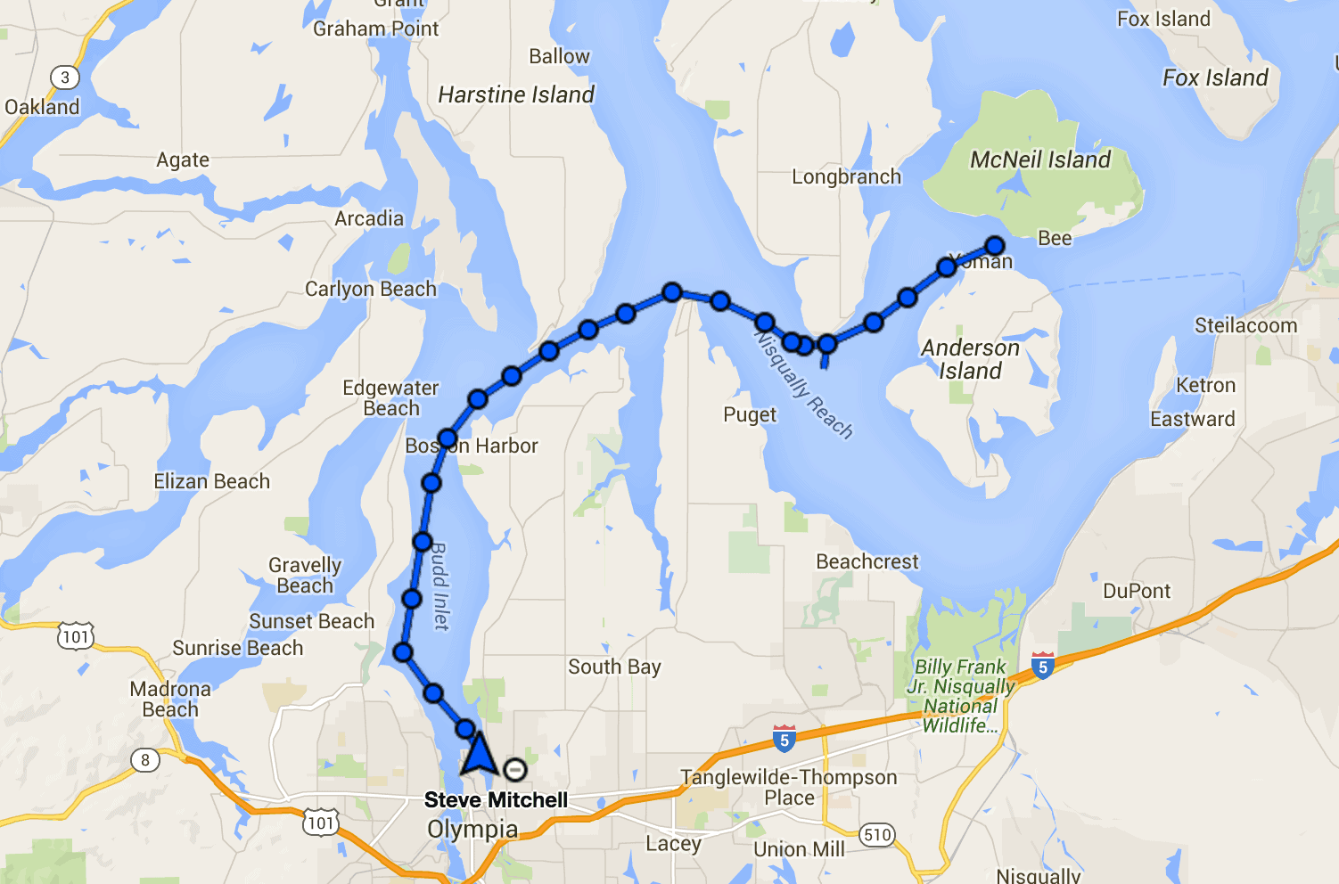 Eagle Island to Olympia track via DeLorme InReach Explorer