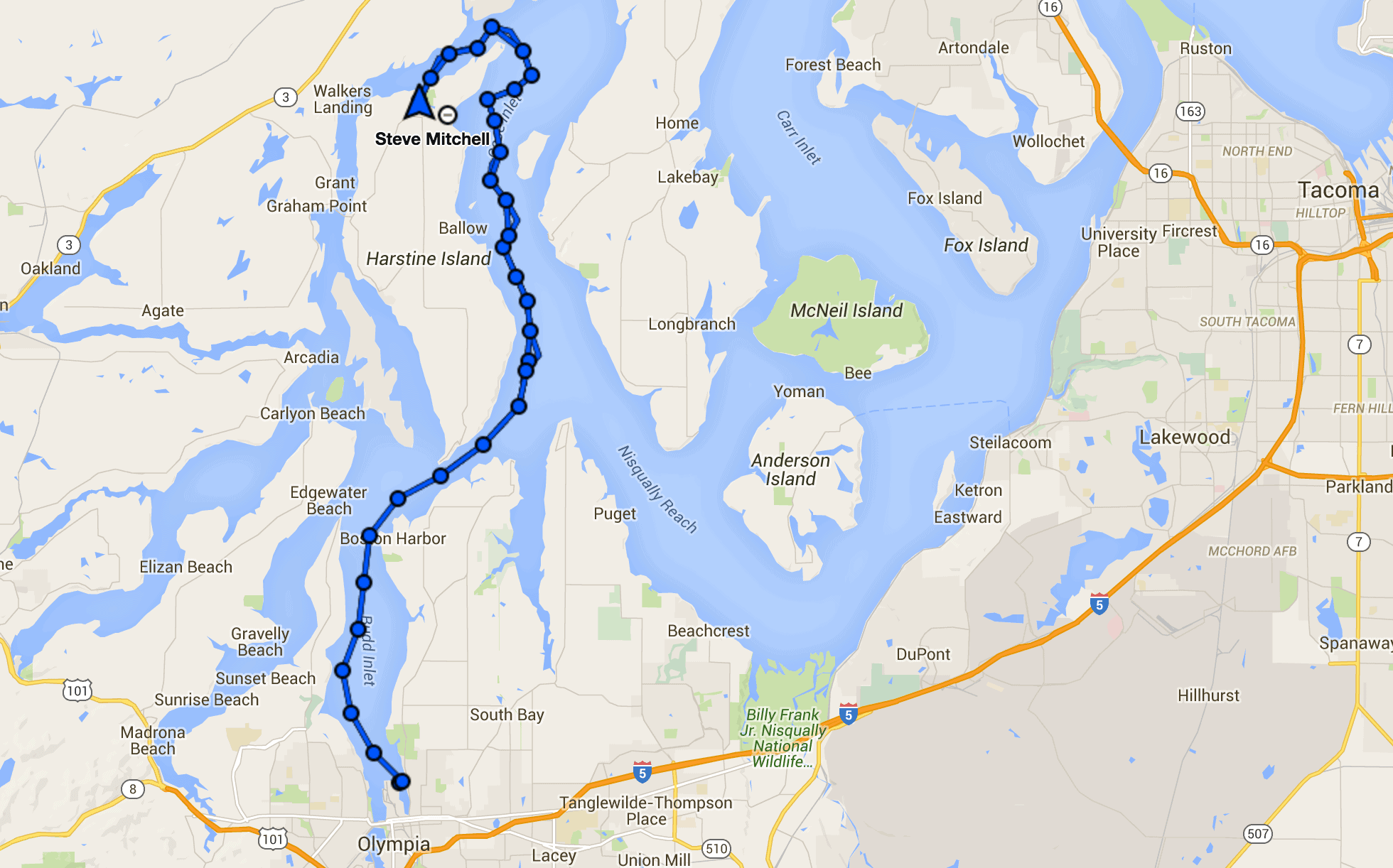 Map of trip from Olympia to Jarrell Cove