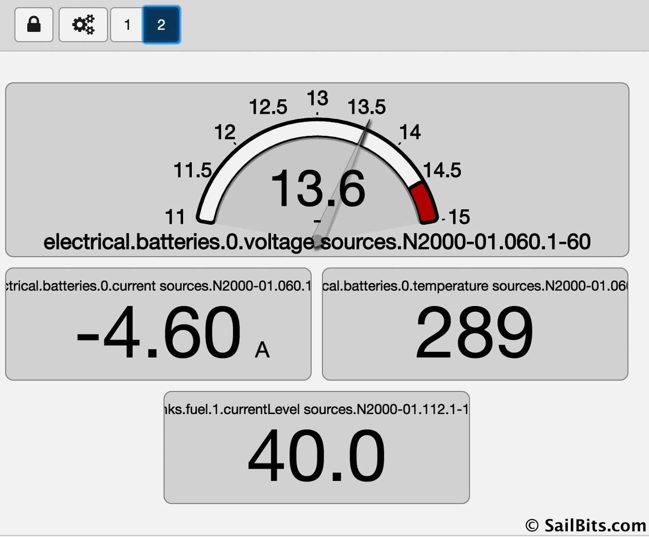 SignalK instrument panel battery and tank data