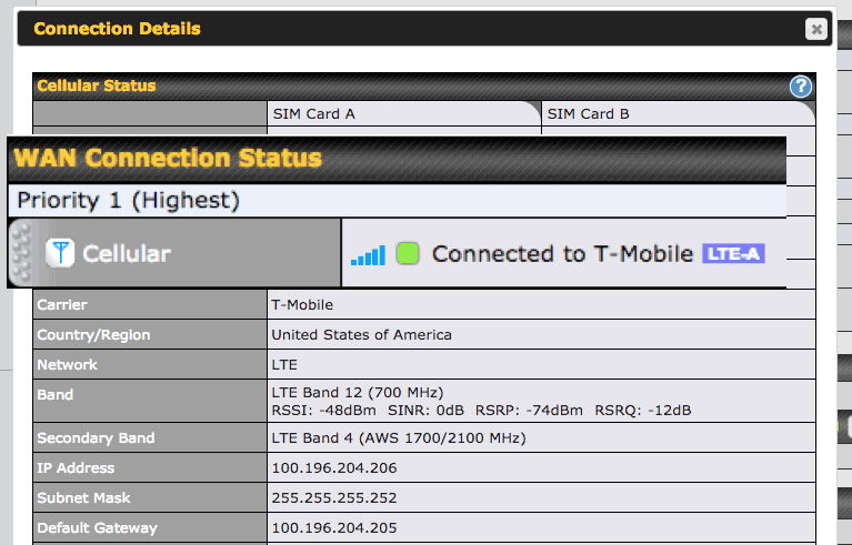 Peplink MAX Transit showing LTE-A